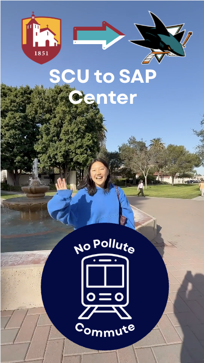 Screenshot of a No Pollute Commute video showing a student waving, with text SCU to SAP CEnter, and the No Pollute Commute logo showing the outline of a train.